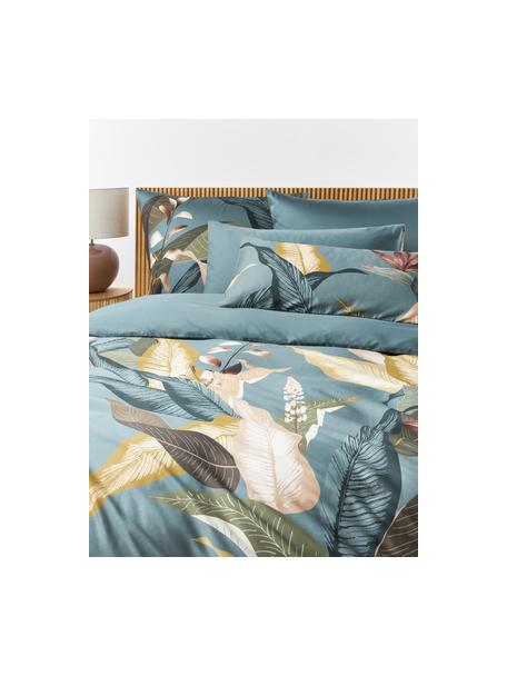 Funda nórdica de satén Flora, Azul petróleo, Cama 90 (An 155 x L 220 cm)