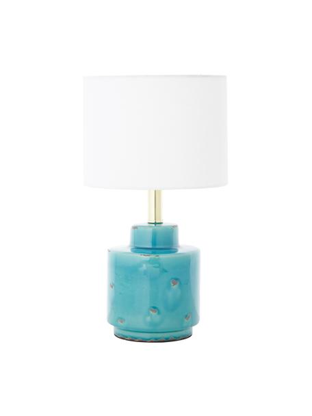 Lampada da tavolo in ceramica con finitura anticata Cous, Paralume: poliestere, Base della lampada: ceramica con finitura ant, Paralume: bianco  base della lampada: blu con finitura antica, Ø 24 x Alt. 42 cm