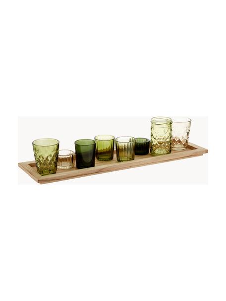 Windlichtenset Wibke van glas, set van 9, Dienblad: paulowniahout, Groentinten, helder hout, B 50 x H 11 cm