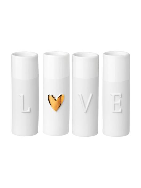Set 4 vasi decorativi in porcellana Love, Porcellana, Vasi: bianco Cuore: dorato, Ø 3 x Alt. 9 cm