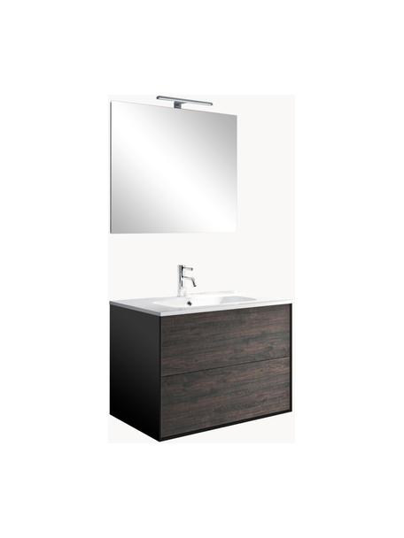 Set lavabo Ago, 4 pzas., Lámpara: acero recubierto, Espejo: vidrio, Parte trasera: plástico ABS, Aspecto de madera de fresno, negro, An 61 x Al 190 cm