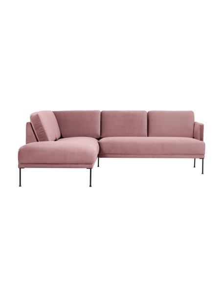 Divano angolare in velluto con piedini in metallo Fluente, Rivestimento: velluto (copertura in pol, Struttura: legno di pino massiccio, , Piedini: metallo verniciato a polv, Velluto rosa, Larg. 221 x Prof. 200 cm, chaise longue a sinistra