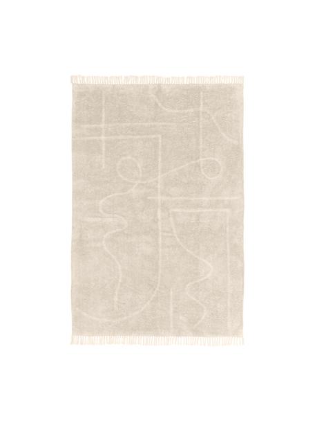 Handgetuft katoenen vloerkleed Lines met franjes, Beige, crèmewit, B 80 x L 150 cm (maat XS)