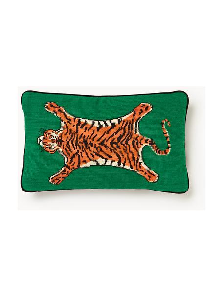 Handgefertigtes Woll-Dekokissen Tiger, Vorderseite: 100 % Wolle, Rückseite: Samt (100 % Baumwolle), Grün, Orange, B 30 x L 50 cm