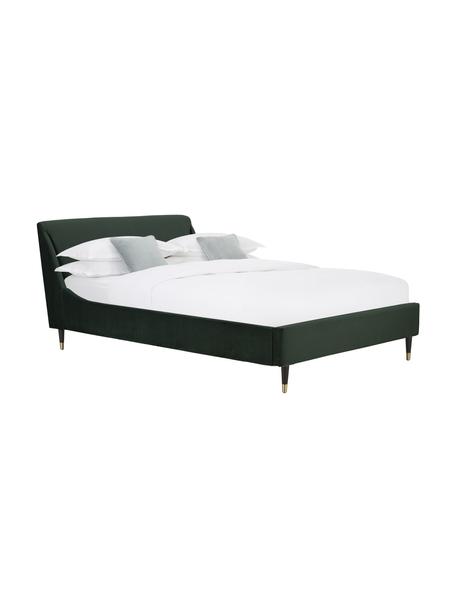 Cama tapizada en terciopelo Nova, Estructura: madera de pino maciza, ma, Tapizado: terciopelo de poliéster 3, Patas: madera maciza de caucho l, Terciopelo verde oscuro, 160 x 200 cm