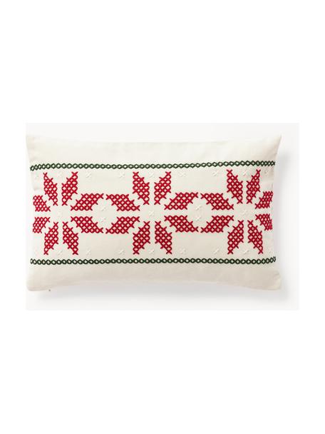 Bestickte Kissenhülle Rebeca mit weihnachtlichem Muster, 100 % Baumwolle, Off White, Rot, Grün, B 30 x L 50 cm