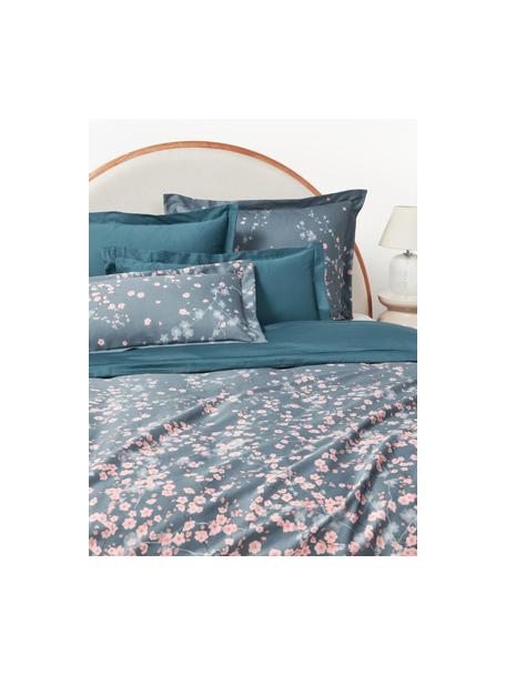 Housse de couette en satin de coton à motif floral Sakura, Bleu, rose, larg. 240 x long. 220 cm