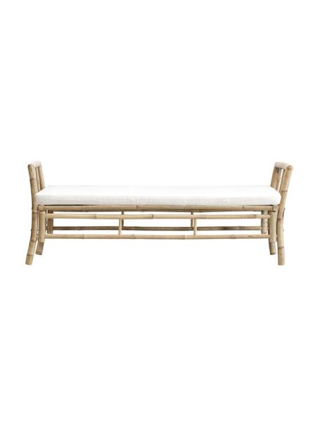 Banco de bambú para exterior con cojín de asiento Mandisa, Estructura: madera de bambú, Funda: lona, Marrón claro, blanco, An 165 x Al 65 cm