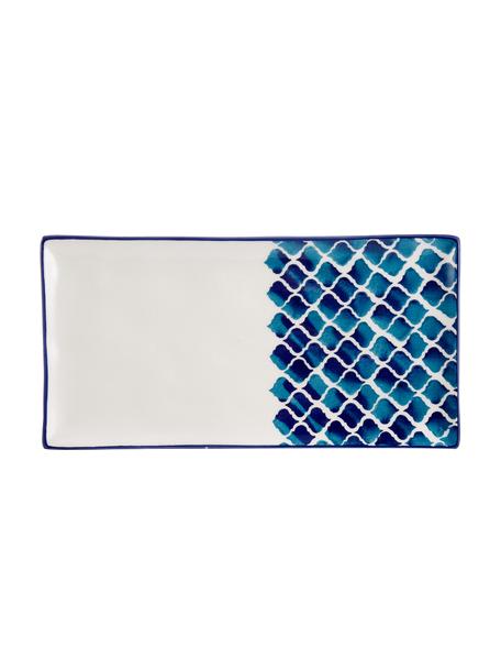 Plat de service artisanal céramique Ikat, 29 x 15 cm, Céramique, Blanc, bleu, larg. 15 x long. 29 cm
