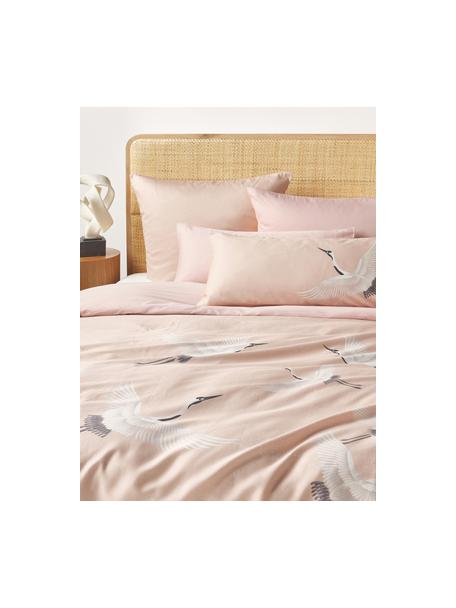 Baumwollsatin-Bettdeckenbezug Yuma mit Kranichmotiv in Rosa, Webart: Satin Fadendichte 210 TC,, Rosa, Weiß, Grau, B 155 x L 220 cm
