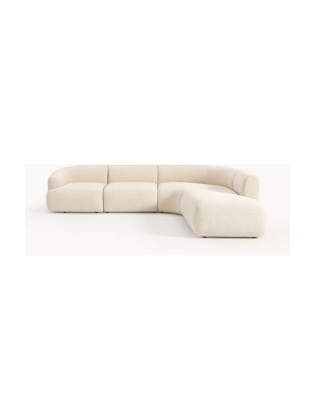 Divano angolare componibile 4 posti in bouclé Sofia, Rivestimento: bouclé (100% poliestere) , Struttura: legno di abete rosso, tru, Piedini: plastica Questo prodotto , Bouclé beige chiaro, Larg. 319 x Prof. 298 cm, chaise longue a destra