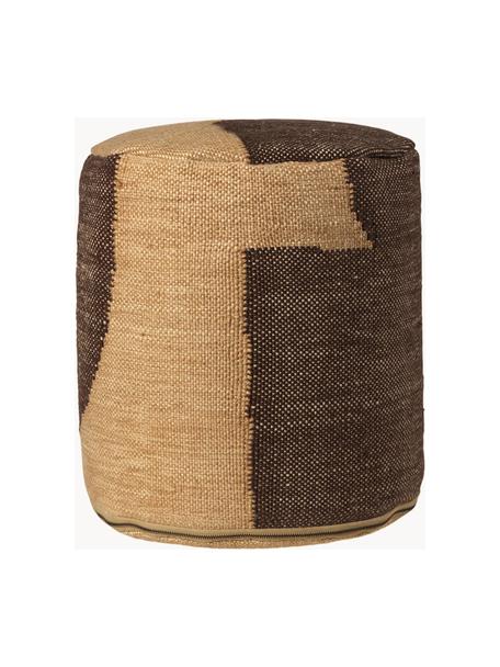 Pouf rembourré Forene, Tissu beige, brun foncé, Ø 38 x haut. 42 cm