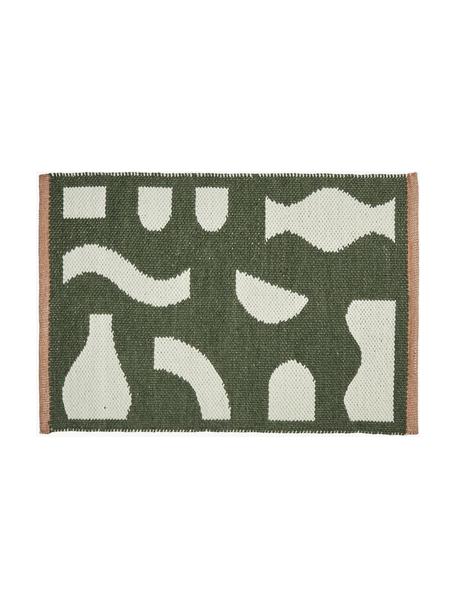 Handgemaakte deurmat Ceres, 80% wol, 20% katoen, Donkergroen, crèmewit, B 50 x L 70 cm