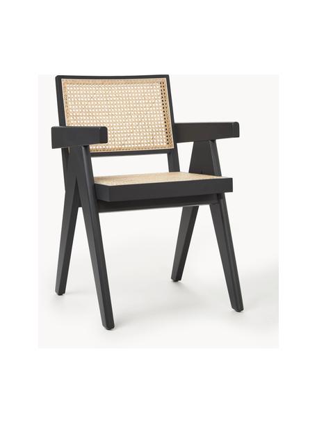 Krzesło z podłokietnikami z plecionką wiedeńską Sissi, Stelaż: lite drewno bukowe lakier, Rattan, czarny, S 52 x G 58 cm