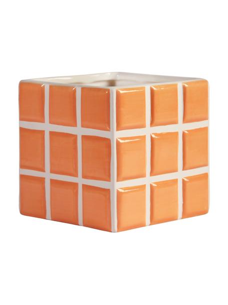 Kleiner Übertopf Tile aus Dolomitstein mit Fliesenoptik, Dolomitstein, Orange, Weiss, B 11 x H 11 cm