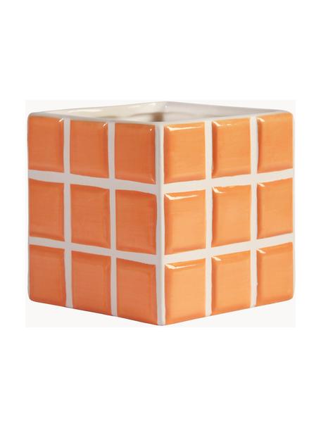 Kleiner Übertopf Tile aus Dolomitstein mit Fliesenoptik, Dolomitstein, Orange, Weiß, B 11 x H 11 cm