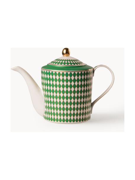 Théière en porcelaine artisanal Chess, 1,1 L, Porcelaine, Vert, blanc cassé, doré, 1,1 L