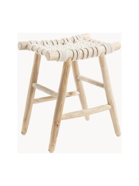 Sgabello Edgard, Gambe: legno di teak naturale, Seduta: corda di cotone, Legno di teak, bianco latteo, Larg. 45 x Alt. 45 cm