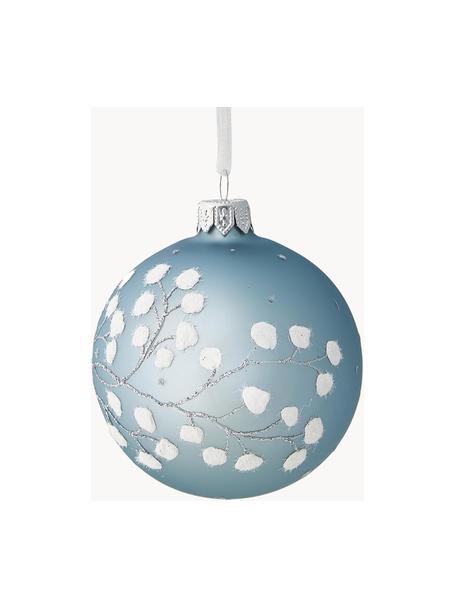 Bolas de Navidad sopladas artesanalmente Snow, Ø 8 cm, 6 uds., Vidrio, Azul, blanco, plateado, Ø 8 cm