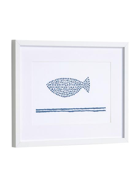 Ingelijste digitale print Kuma Fish, Lijst: gecoat MDF, Afbeelding: canvas, Wit, blauw, B 40 x H 30 cm