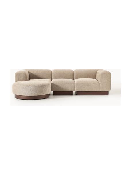 Modulares Sofa Natalie (3-Sitzer) aus Teddy-Bouclé mit Hocker, Bezug: Teddy-Bouclé (100 % Polye, Gestell: mitteldichte Holzfaserpla, Sockel: Massives Buchenholz, lack, Teddy-Bouclé Beige, dunkles Buchenholz, B 283 x T 197 cm