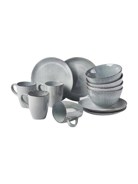 Handgemaakt ontbijtset Nordic Sea, 4 personen (12-delig), Keramiek, Grijs-, blauwtinten, Set met verschillende formaten