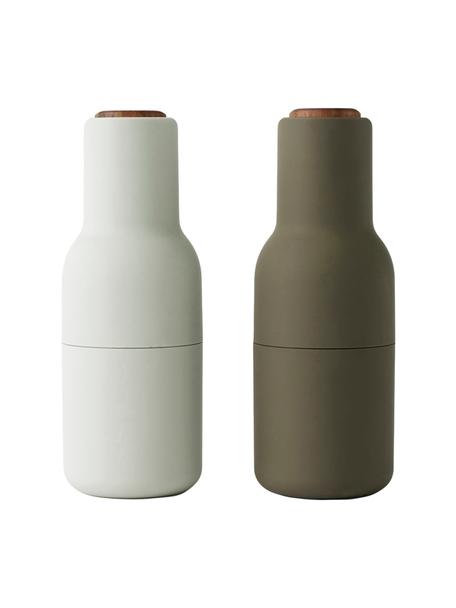 Salero y pimentero de diseño Bottle Grinder, 2 uds., Estructura: plástico, Grinder: cerámica, Verde oscuro, beige, Ø 8 x Al 21 cm