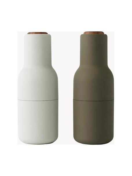 Designer zout & pepermolen Bottle Grinder met walnoothouten deksel, set van 2, Deksel: walnoothout, Gebroken wit, olijfgroen, walnoothout, Ø 8 x H 21 cm