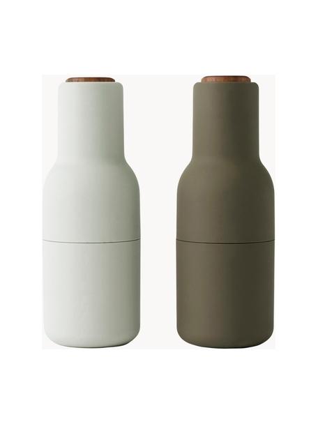 Salero y pimentero de diseño Bottle Grinder, 2 uds., Estructura: plástico, Grinder: cerámica, Off White, verde oliva, madera oscura, Ø 8 x Al 21 cm