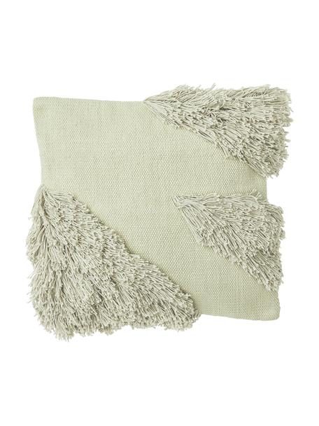 Funda de cojín de algodón con flecos Inga, 100% algodón con certificado GRS, Verde salvia, An 45 x L 45 cm