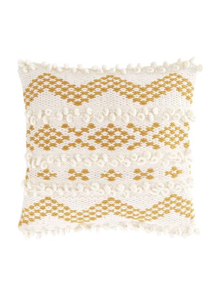 Federa arredo boho con ornamenti decorativi Paco, 80% cotone, 20% lana, Giallo senape, bianco crema, Larg. 45 x Lung. 45 cm