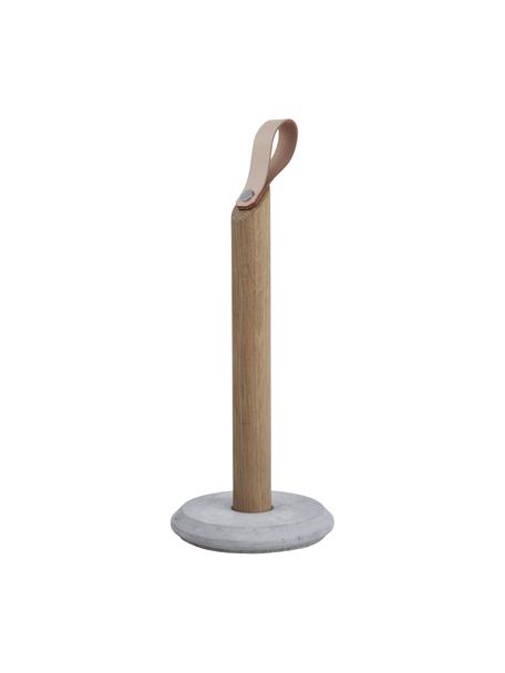 Portarrollos de cocina de madera de roble Grab, Barra: madera de roble, Correa: cuero, Madera clara, gris, Ø 15 x Al 32 cm