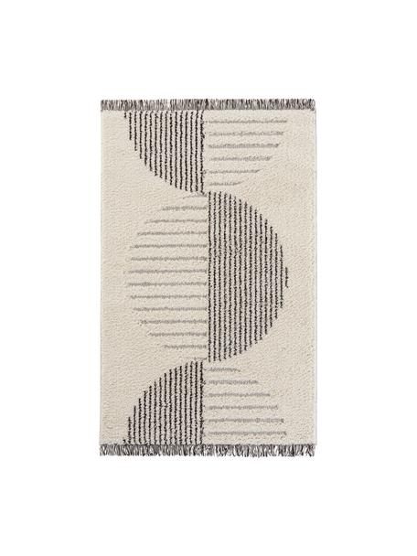Hochflorteppich Handira in Creme/Schwarz mit abstraktem Muster und Fransen, 93% Polypropylen, 7% Polyester, Beige, Schwarz, B 80 x L 150 cm (Größe XS)