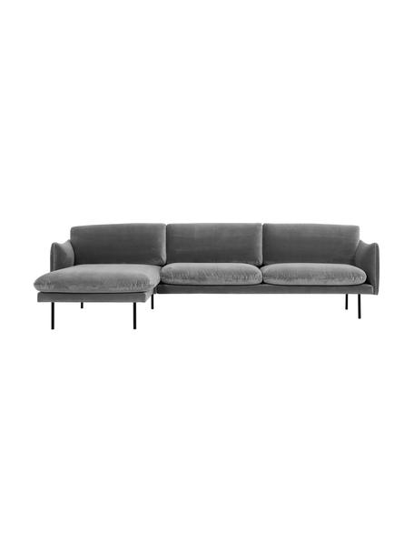 Fluwelen hoekbank Moby met metalen poten, Bekleding: fluweel (hoogwaardig poly, Frame: massief grenenhout, FSC-g, Poten: gelakt metaal, Fluweel grijs, B 280 x D 160 cm, hoekdeel links