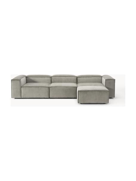 Modulares Sofa Lennon (4-Sitzer) aus Cord mit Hocker (links/rechts), Bezug: Cord (92 % Polyester, 8 %, Gestell: Massives Kiefernholz, Spe, Füße: Kunststoff Dieses Produkt, Cord Grau, B 329 x T 207 cm