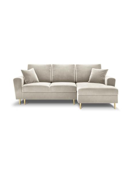 Divano letto angolare 4 posti in velluto con contenitore Moghan, Rivestimento: 100% velluto di poliester, Struttura: legno di pino massiccio, , Piedini: metallo rivestito, Beige, piedini: ottonato, Larg. 241 x Prof. 145 cm, chaise-longue a destra