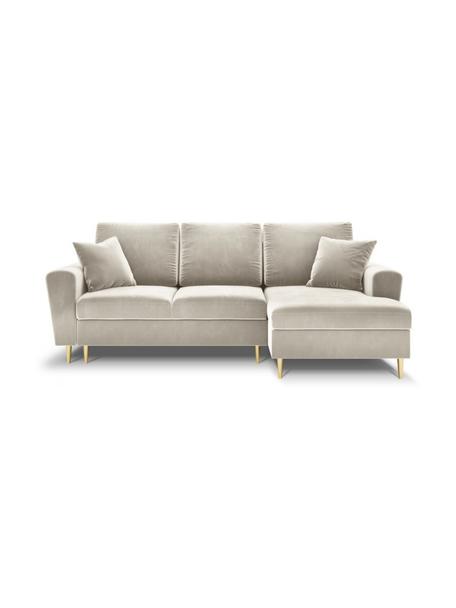 Canapé d'angle 4 places velours avec fonction lit et rangement Moghan, Velours beige, couleur laitonnée, larg. 241 x prof. 145 cm, méridienne à droite