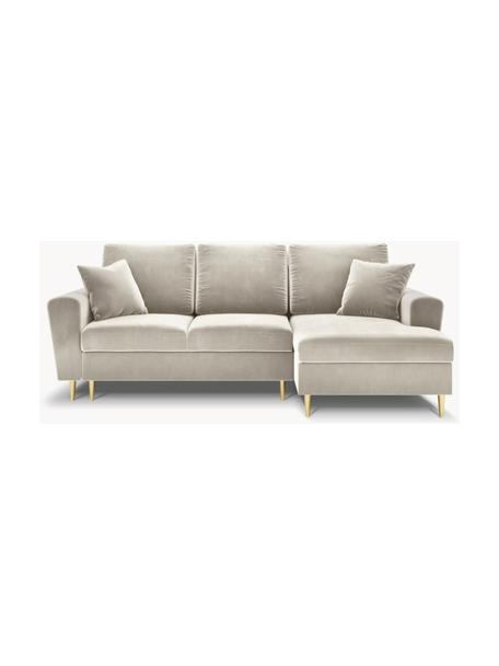 Zamatová rohová pohovka na spanie s úložným priestorom Moghan (3-miestna), Zamatová béžová, nohy: mosadzné odtiene, Š 241 x H 145 cm, pravé rohové prevedenie