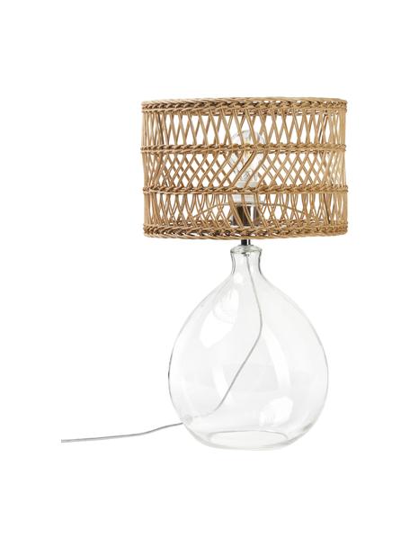 Grote tafellamp Zoya met glazen voet en rotan kap, Lampenkap: rotan, Lampvoet: glas, Transparant, bruin, Ø 30 x H 51 cm