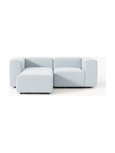 Modulares Bouclé-Sofa Lena (3-Sitzer) mit Hocker, Bezug: Bouclé (93 % Polyester, 6, Gestell: Buchenholz, Spanplatte, H, Füße: Kunststoff, Bouclé Hellblau, B 211 x T 181 cm