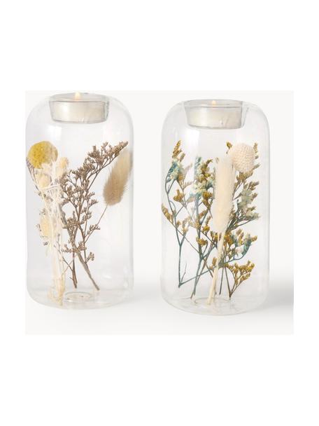 Teelichthalter Eleonora mit Trockenblumen, 2er-Set, Glas, Trockenblumen, Transparent, Mehrfarbig, Ø 8 x H 16 cm