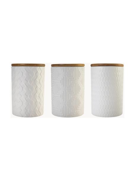 Opbergpotten Geometry met structuurpatroon, 3 stuks, Pot: dolomietsteen, Deksel: hout, Wit, donker hout, Ø 10 x H 15 cm