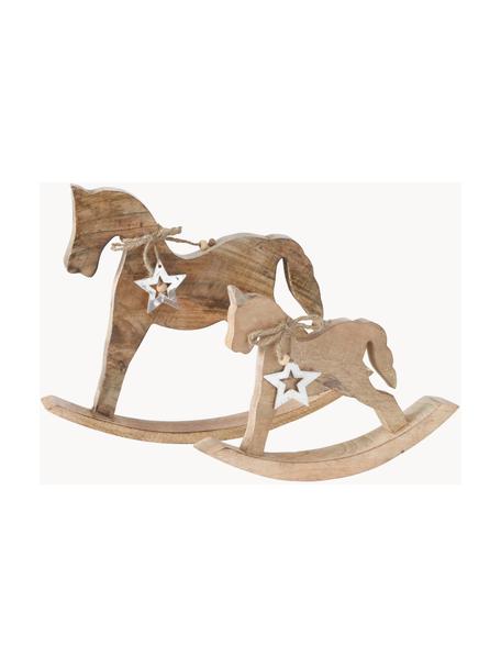Cheval à bascule décoratif en bois artisanal Ferdy, lot de 2, Bois de manguier, enduit, Brun clair couleur argentée, Lot de différentes tailles