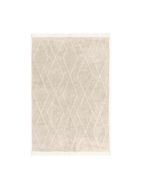 Handgetuft katoenen vloerkleed Bina met ruitjesmotief en franjes, Beige, B 160 x L 230 cm (maat M)