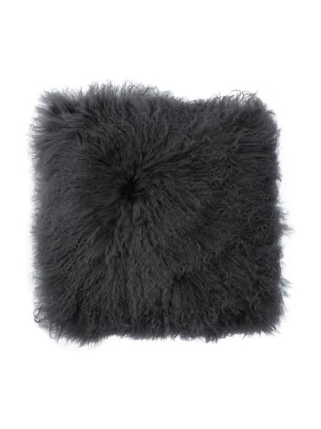 Federa arredo in pelle di agnello a pelo lungo riccio grigio scuro Ella, Retro: 100% poliestere, Grigio scuro, Larg. 40 x Lung. 40 cm