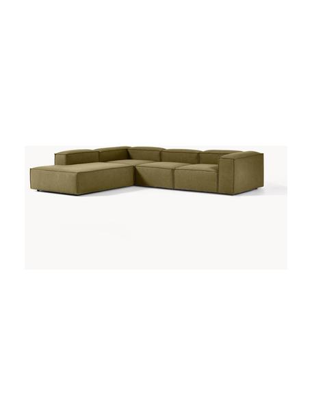 Modulares XL-Ecksofa Lennon, Bezug: 100 % Polyester Der strap, Gestell: Massives Kiefernholz FSC-, Füße: Kunststoff, Webstoff Olivgrün, B 329 x T 269 cm, Eckteil links