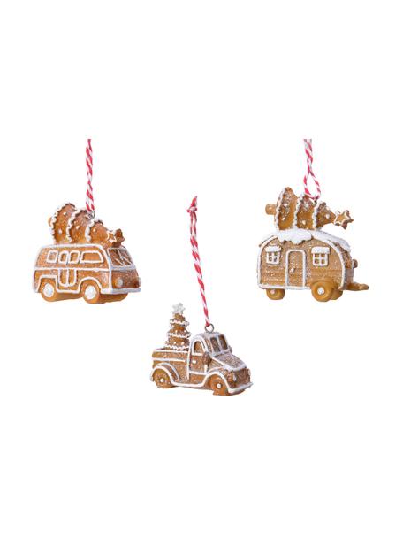 Décoration de sapin de Noël Vehicles, 3 élém., Polyrésine, Brun, blanc, larg. 7 x haut. 8 cm