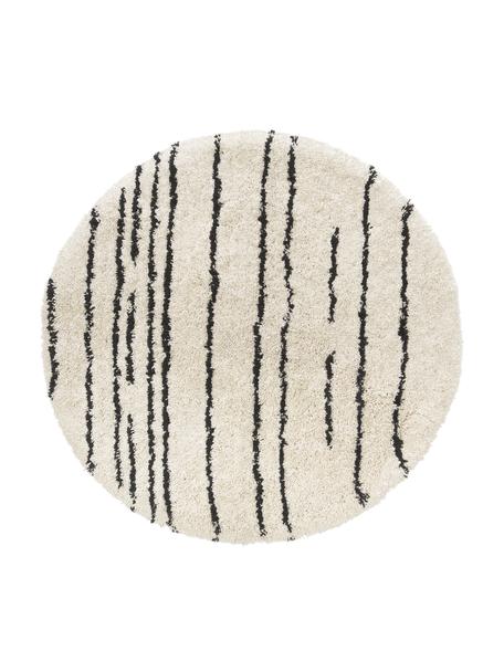 Rond pluizig hoogpolig vloerkleed Dunya, handgetuft, Bovenzijde: 100% polyester, Onderzijde: 100% katoen, Beige, zwart, Ø 140 cm