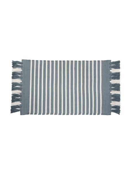 Alfombrilla de baño con flecos Stripes & Structure, 100% algodón, Azul, blanco crudo, An 60 x L 100 cm