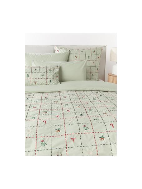 Housse de couette en percale de coton avec imprimé Noël brodé Rudy, Vert sauge, multicolore, larg. 140 x long. 200 cm